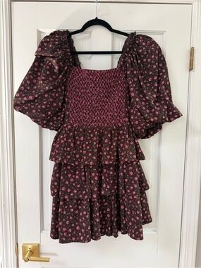 Smocked Tiered Mini Dress with Puff Sleeves - Brown & Pink Floral